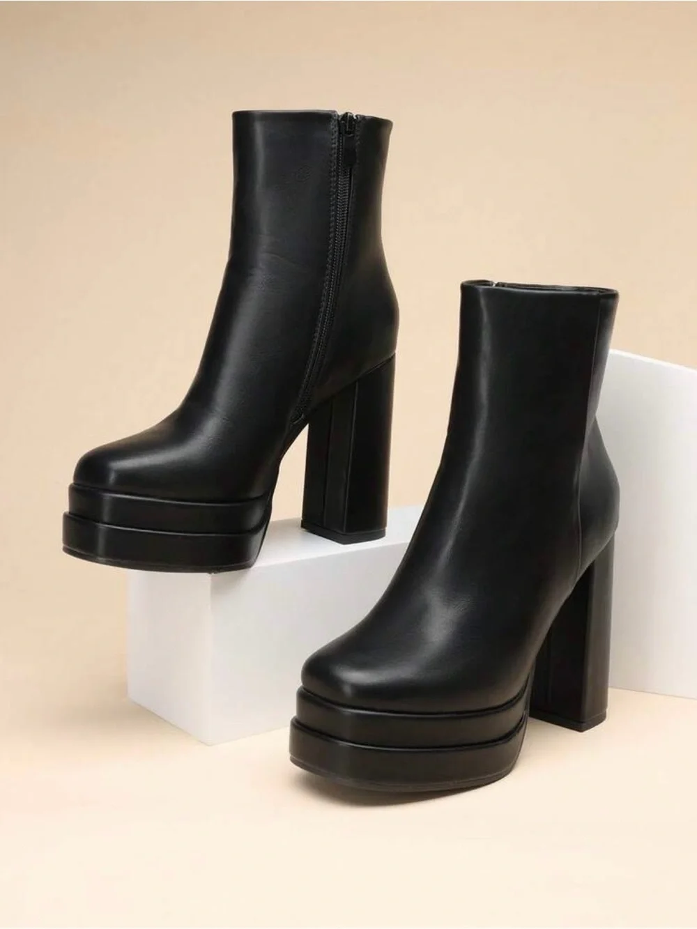 Black Platform Block Heel Ankle Boots - Women